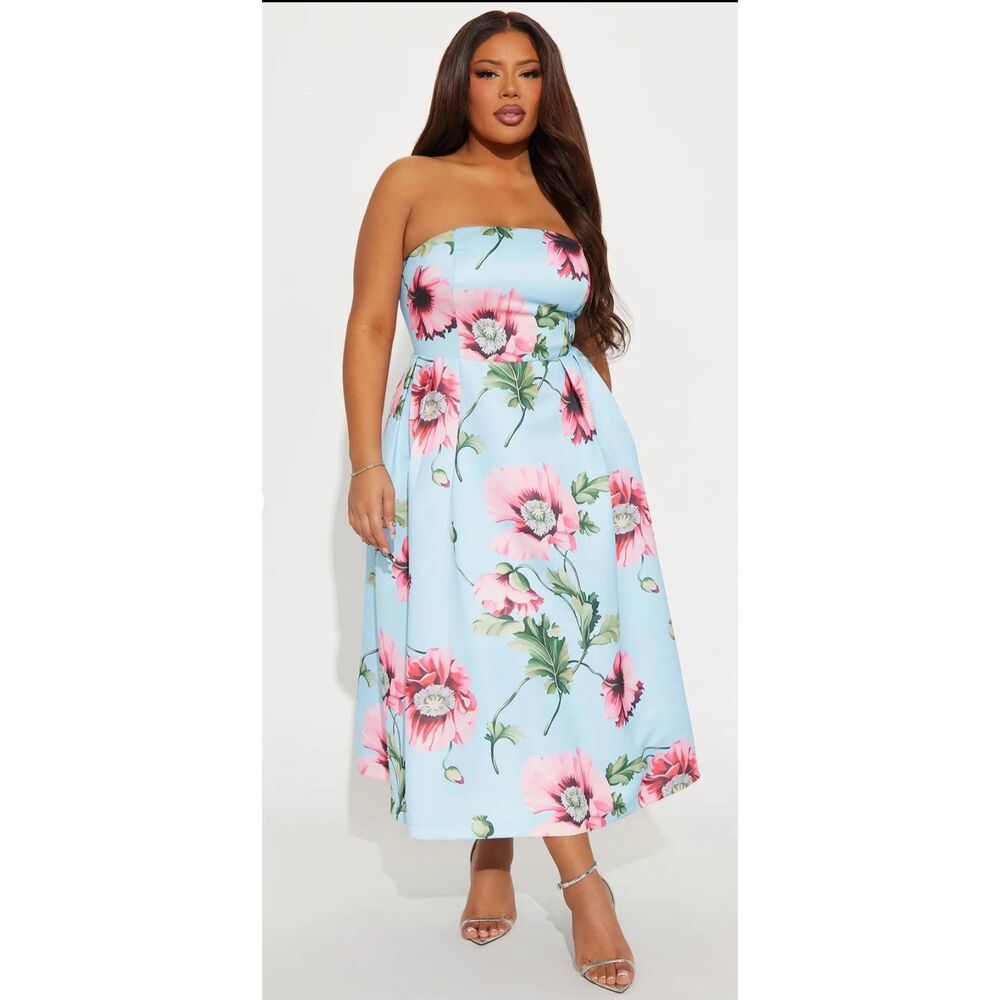 Fashion Nova Frida Floral Strpls Satin Midi Dress, Sky Blue Floral, NWOT, Sz. 1X